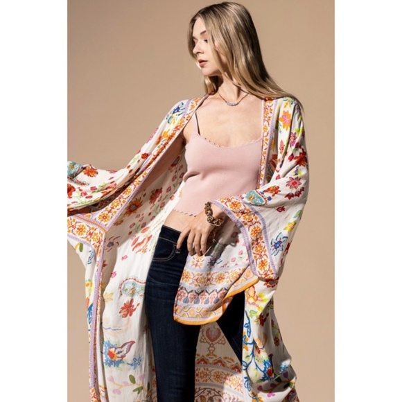 Colorful Vibrant Delphi Floral Paisley Open Wrap Duster Kimono Top One Size - Picture 4 of 9